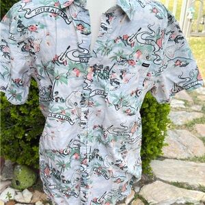 Vintage-Style Light Blue Hawaiian Print Short-Sleeve Shirt Sz M